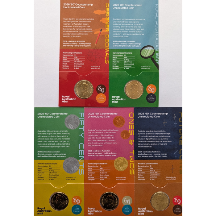 BUNDLE OF 5 x 2026 $1 UNC Counterstamp Coins - 60 Years Decimal Currency