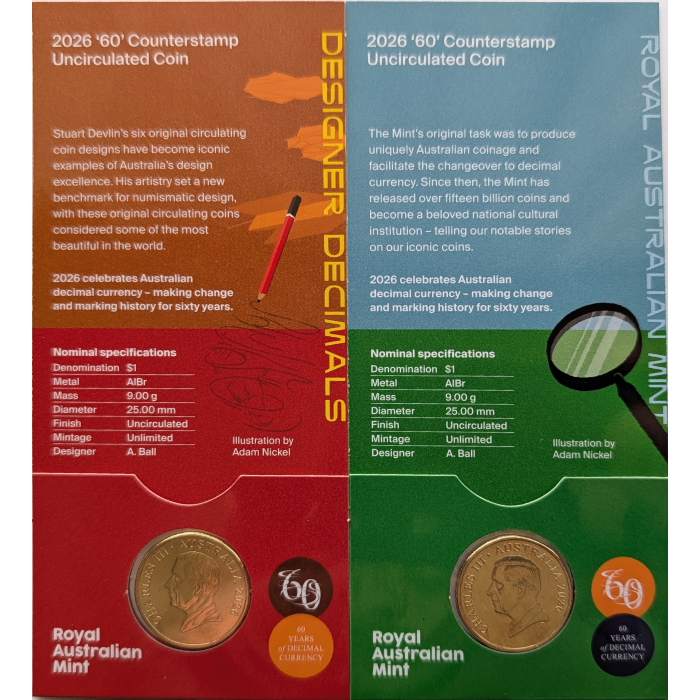 BUNDLE OF 5 x 2026 $1 UNC Counterstamp Coins - 60 Years Decimal Currency