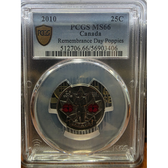 2010 Canadian 25c red Poppy Rememberance MS66