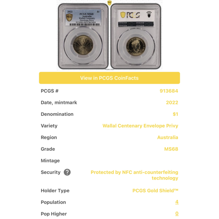 TOP POP - 2022 $1 Coin Wallal Centenary Graded PCGS MS68