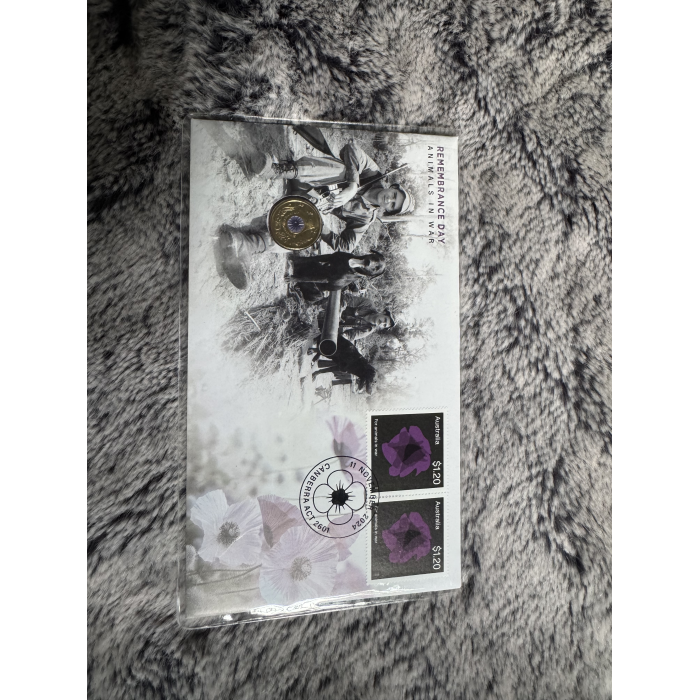 2024 PNC Purple Poppy Australian Animals in War $2 coin and  2 x $1.20 stamps 