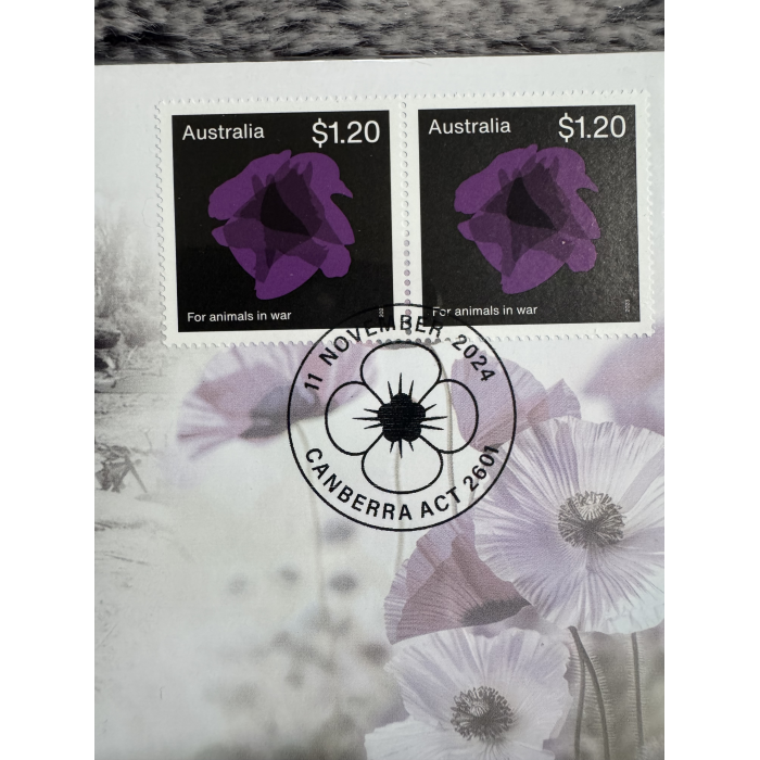 2024 PNC Purple Poppy Australian Animals in War $2 coin and  2 x $1.20 stamps 