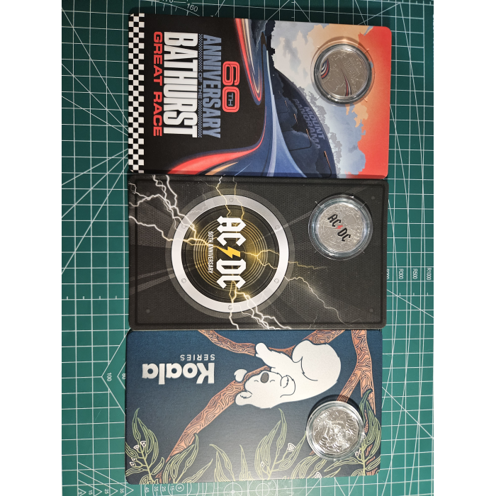 50c carded mix,  Bathurst, AC/DC, koala 