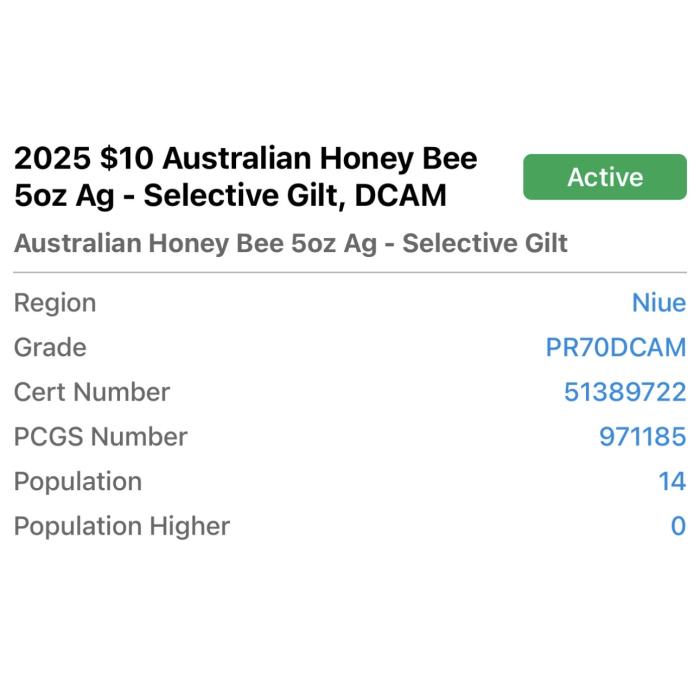 2025 $10 5oz Honey Bee Coin - PR70DCAM  Perfect Grade -  Only 14 Worldwide