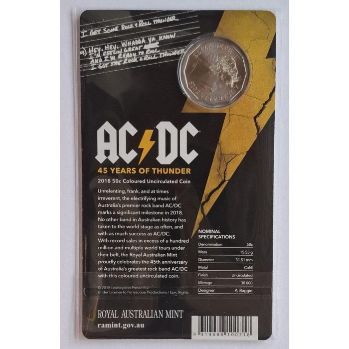 2018 50c AC/DC 45 Years Of Thunder Carded coin