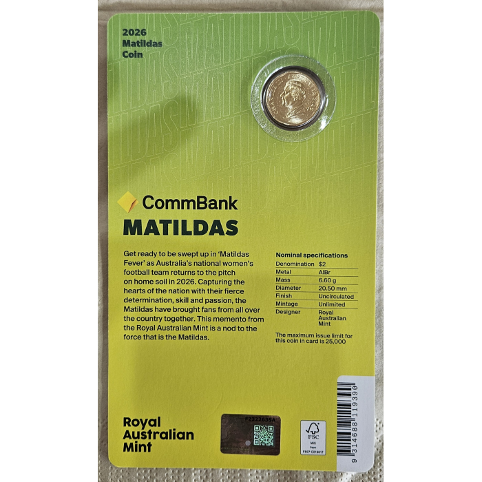 2026 Matildas unc colour $2 coin on card