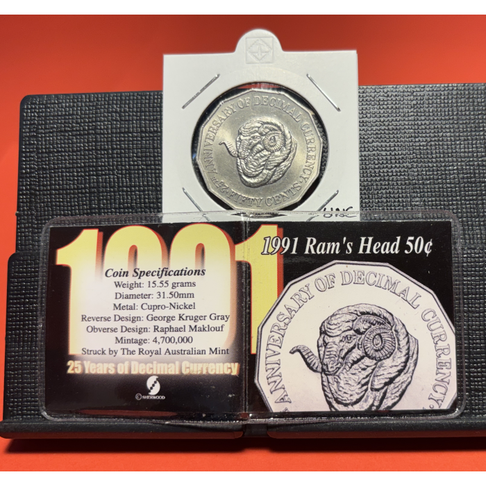 1991 50c RAMS HEAD Uncirculated with Collectable Sherwood Flip