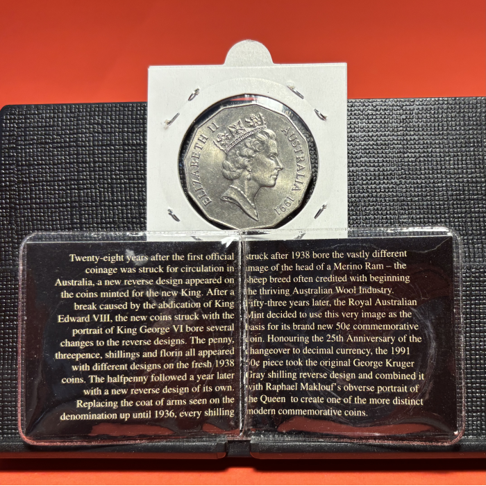 1991 50c RAMS HEAD Uncirculated with Collectable Sherwood Flip