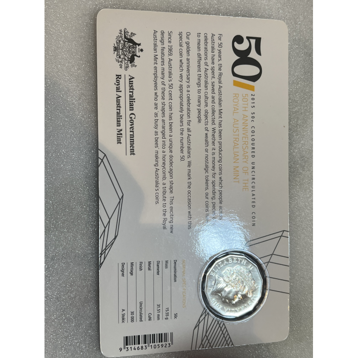 2015 Honeycomb colour fifty cent coin uncirculated on card 50 years of RAM