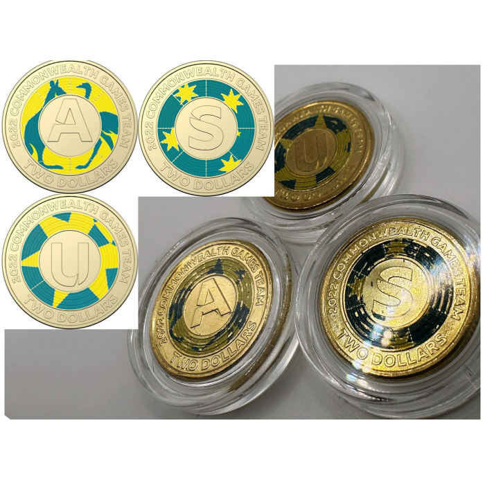 3x UNC 2022 'A' 'U' 'S' Commonwealth Games $2 Coins - In Lighthouse Capsules