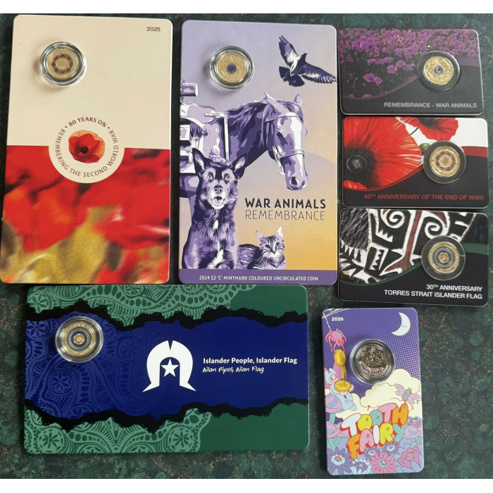 Bulk Lot of $2 Coins on Cards 7 in total -  2024 2025 2026