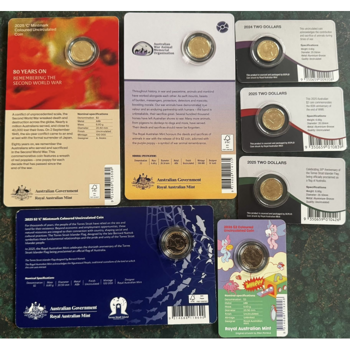 Bulk Lot of $2 Coins on Cards 7 in total -  2024 2025 2026