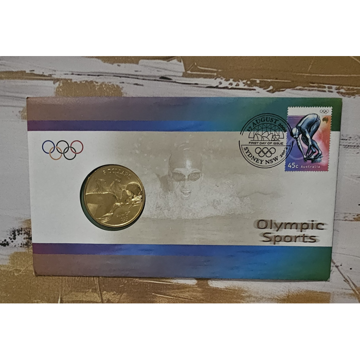 Australia 2000 Olympic Sports Swimming  $5 UNC Coin & Stamp First Day Cover PNC