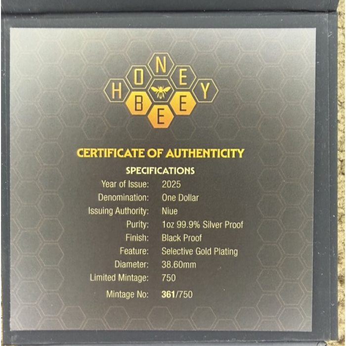 2025 “Honey Bee” 1oz Silver Black Proof Coin – Gold Plated Niue (Mintage 750)
