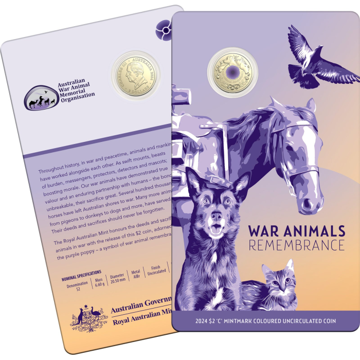 2024 $2 ‘C’ Mintmark Coloured Uncirculated Coin – War Animals Remembrance