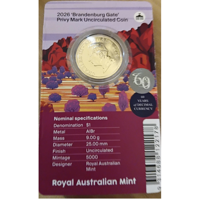  2026 $1 Mob of Six Roos World Money Fair 'Brandenburg Gate' Privy Mark