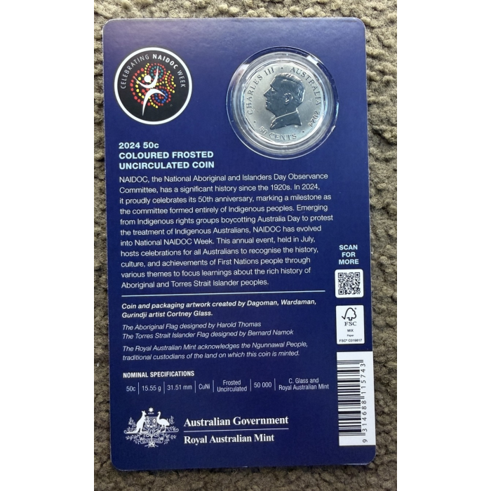2024 50c NAIDOC 50th Anniversary Coloured Frosted Coin in Card – RAM UNC