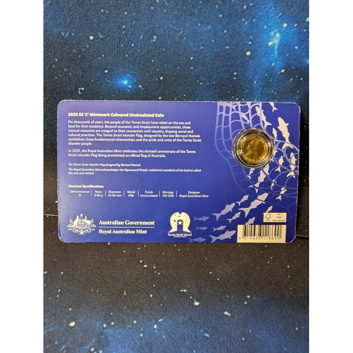 2025 $2 Flag "C' Mintmark Carded Coloured Coin Torres Strait Islander