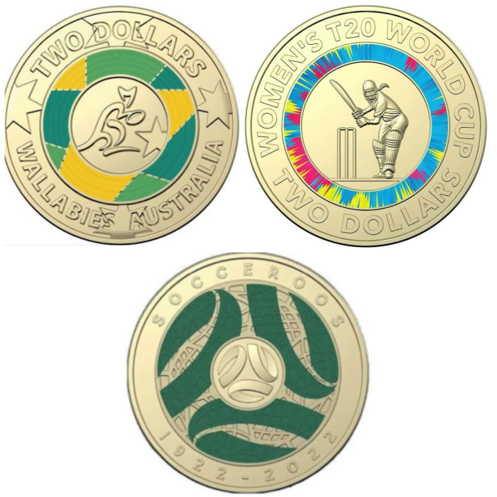 3x $2 Sports Coins Circulated Set – T20 Women’s Cup + Wallabies + Socceroos