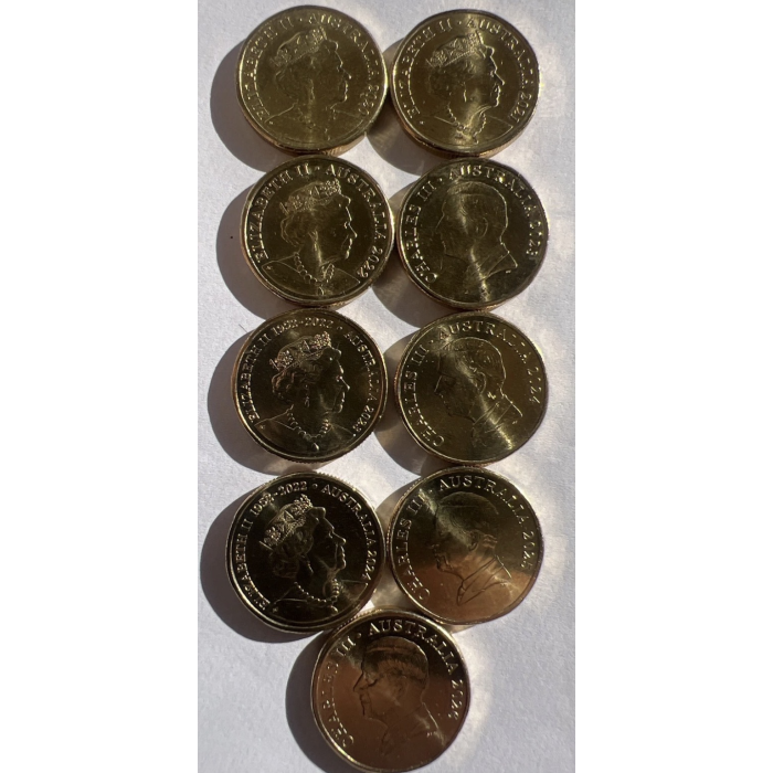 2020 through to 2026. Nine Mob of Roos $1 coins. King & Queen with circ & uncirc