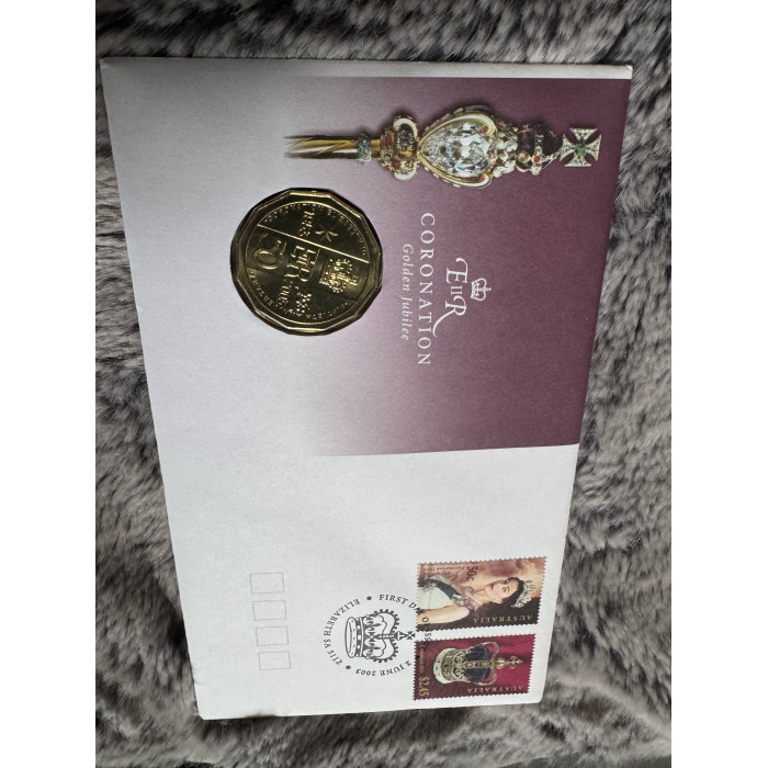 2003 PNC QE2 coronation Golden Jubilee with 50c coin and 50c & $2.45 stamps 