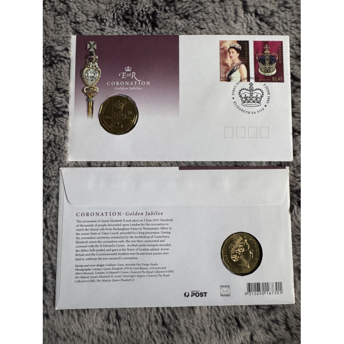 2003 PNC QE2 coronation Golden Jubilee with 50c coin and 50c & $2.45 stamps 