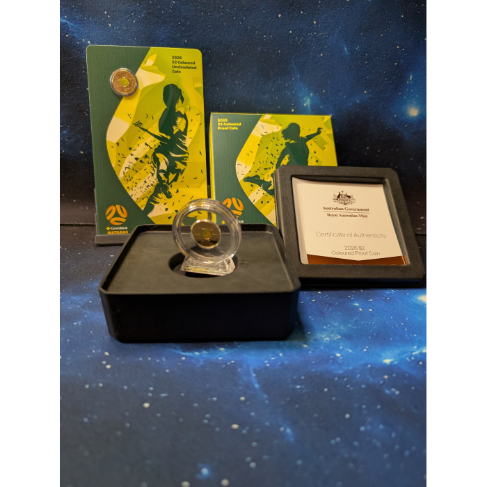 2026 Matilda $2 Coloured Proof Coin and uncirculated coin on card