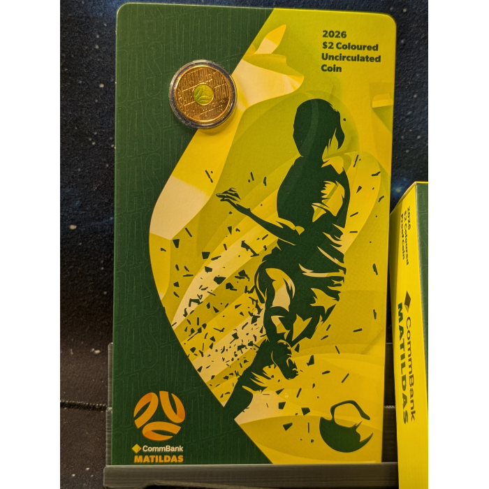 2026 Matilda $2 Coloured Proof Coin and uncirculated coin on card