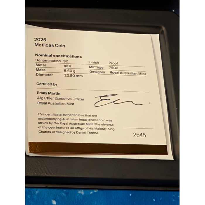 2026 Matilda $2 Coloured Proof Coin and uncirculated coin on card