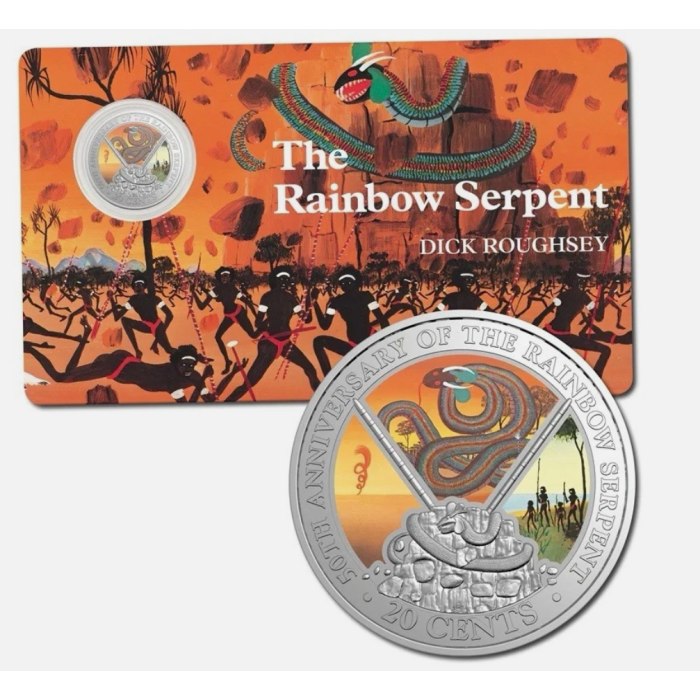 2025 20c 50th ANNIVERSARY THE RAINBOW SERPENT CARDED COLOURED COIN 