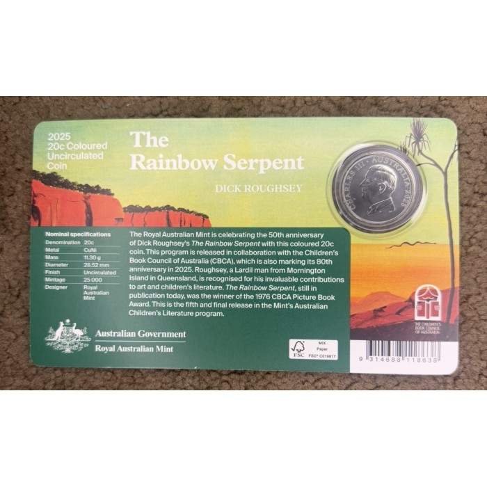 2025 20c Rainbow Serpent 50th Anniversary Coloured UNC Coin – RAM Dick Roughsey