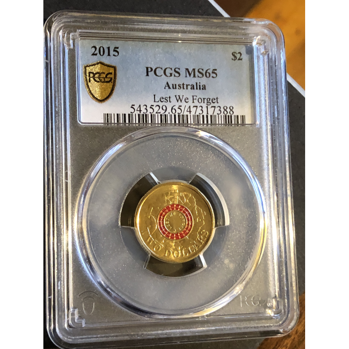 2015  PCGS MS65 Lest We Forget Red ANZAC Coloured $2