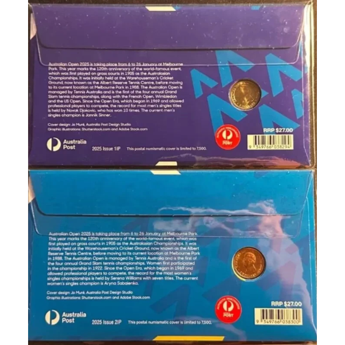 2025 PNC Women's & Men's Australian Open Coloured UNC $2 Coin & Stamp Cover Set