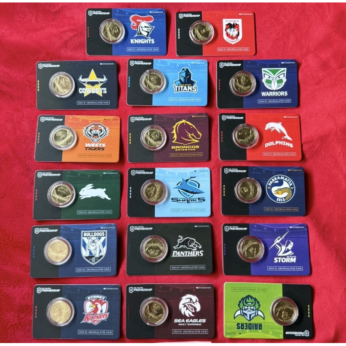 2024 Full Set of 17 x NRL Telstra Premiership Carded $1 Team Coins