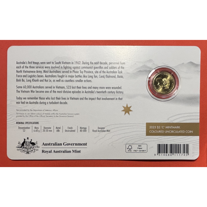 2023 $2 “C” MINTMARK Coloured Uncirculated Coin - 50th Anniversary Vietnam