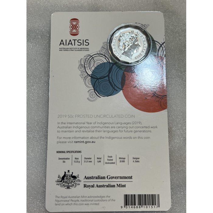Uncirculated Frosted 2019 Indigenous Languages 50c new coin on card