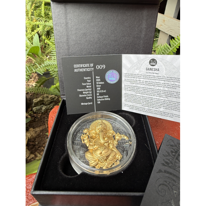 2025 $10 Niue Hindu Pantheon Ganesha 5oz Silver HR Antique Gilded Coin 