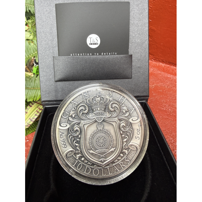 2025 $10 Niue Hindu Pantheon Ganesha 5oz Silver HR Antique Gilded Coin 