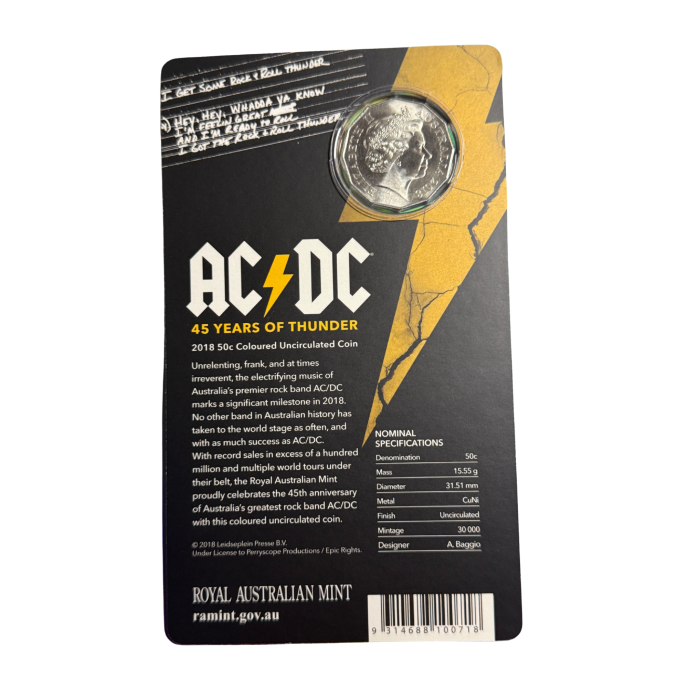 2018 50 Cent Coin - AC/DC 45 Years of Thunder - Coloured Carded Uncirculated -