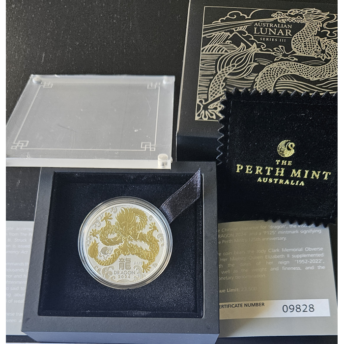 2024 Year of the Dragon 1oz Silver Gilded Coin - Mintage: 25,000