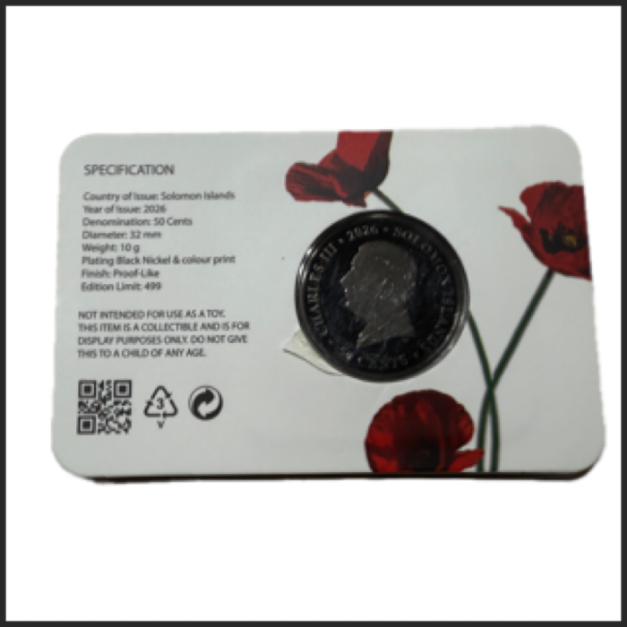 2026 50 Cent Lest we Forget Coloured Coin - Solomon Islands Limited to 499