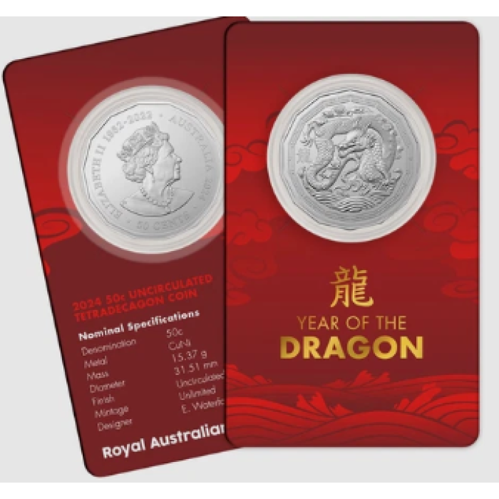 2024  50c  Year of the Dragon Tetra-Decagon UNC Carded Coin