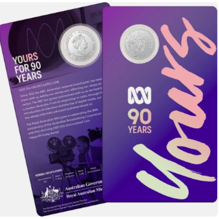 2022  20c  90th ANNIVERSARY OF ABC YOURS FOR 90 YEARS CARDED COIN