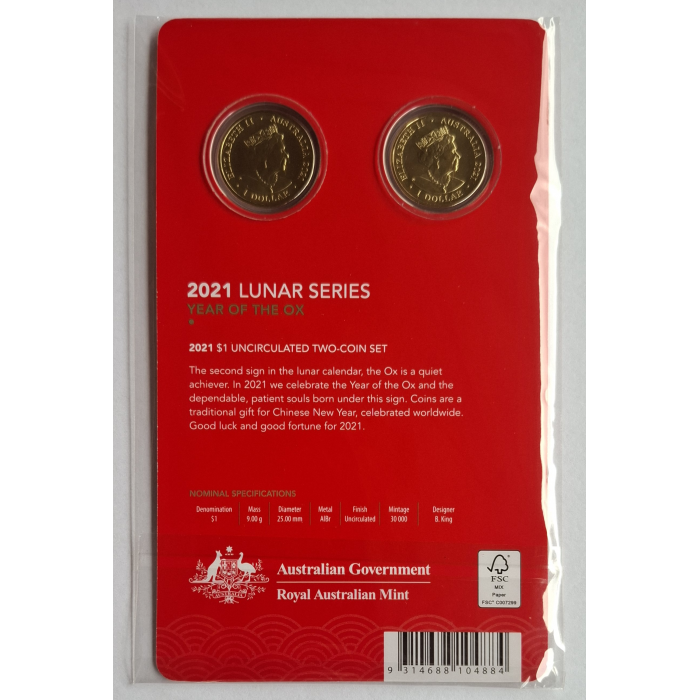 2021 $1 Lunar Series- Year Of The Ox-  two-coin set