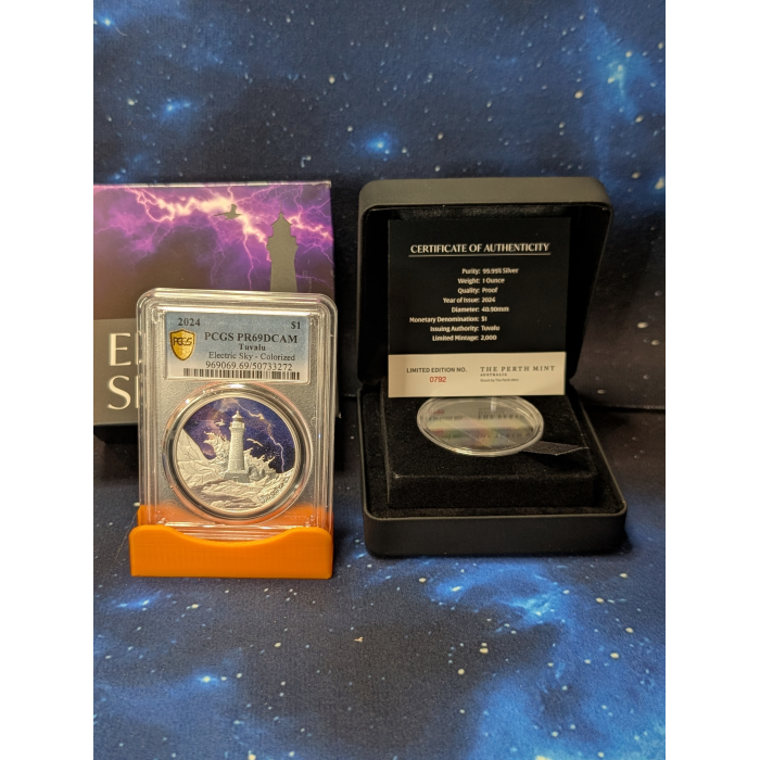 Tuvalu 2024 $1 Electric Sky Lighthouse in colour Proof 2,000 Mintage Ag .9999