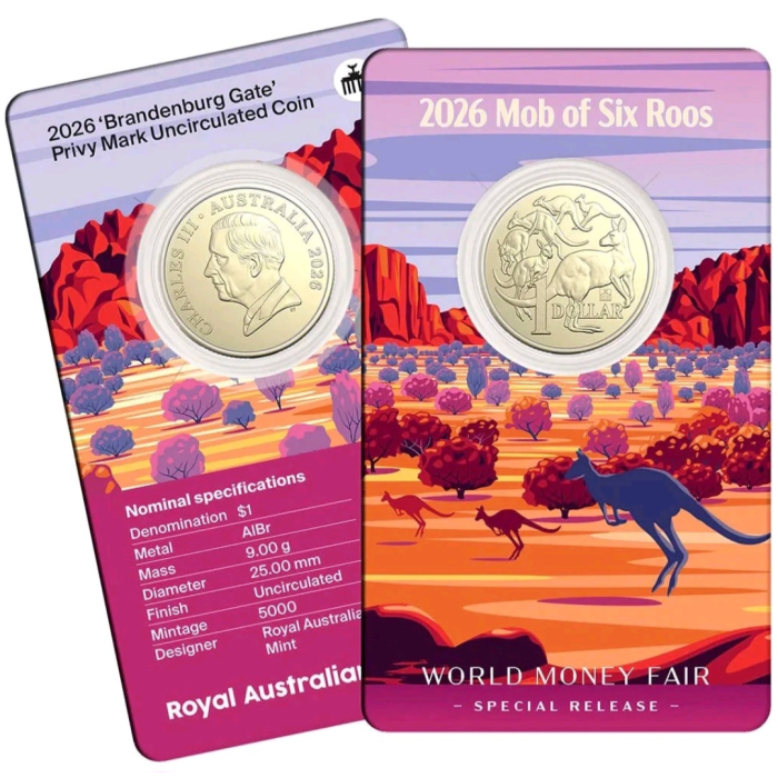 2026  $1  MOB OF SIX ROOS  - WORLD MONEY FAIR BRANDENBURG GATE PRIVY MARK