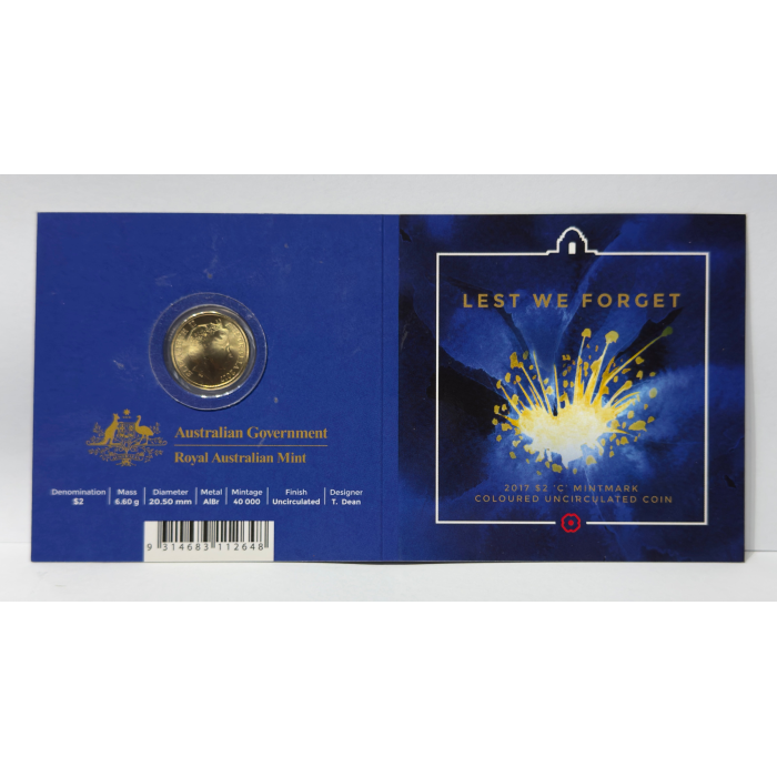 2017 $2 Lest We Forget 'C' Mintmark Coloured Uncirculated Carded Coin 'MOSAIC'