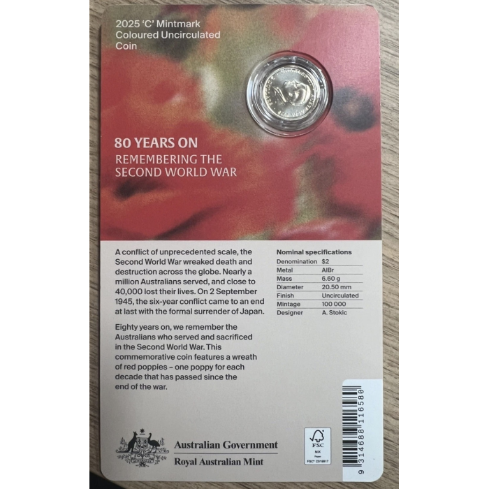 2025 WW11 $2 80th Anniversary RAM Roll +1  WW2 Poppy Wreath C Mint Coin 