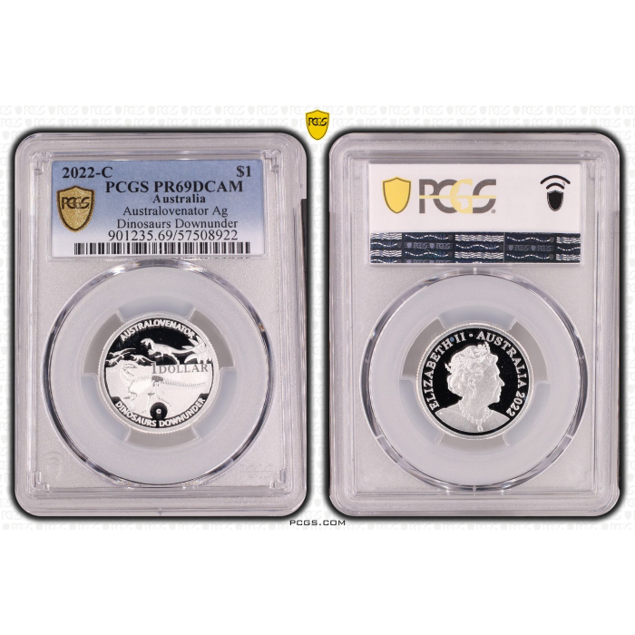 2022-C  AUSTRALOVENATOR AG DINOSAURS DOWN UNDER FINE SILVER PROOF  PCGS PR69DCAM