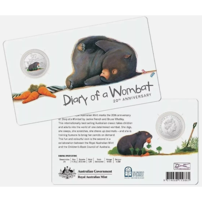 2022  20c 20th ANNIVERSARY OF DIARY OF A WOMBAT CARDED COLOURED COIN